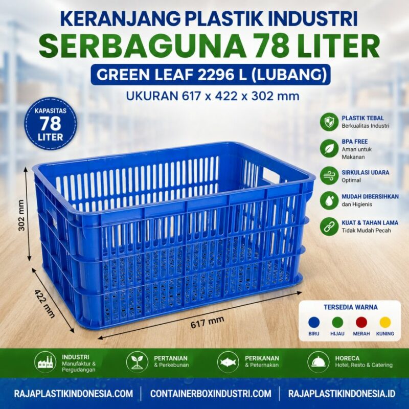 KERANJANG PLASTIK INDUSTRI SERBAGUNA 78 LITER GREEN LEAF 2296 L (LUBANG) UKURAN 617 x 422 x 302 mm: Solusi Penyimpanan Modern untuk Industri, Pergudangan, dan HORECA
