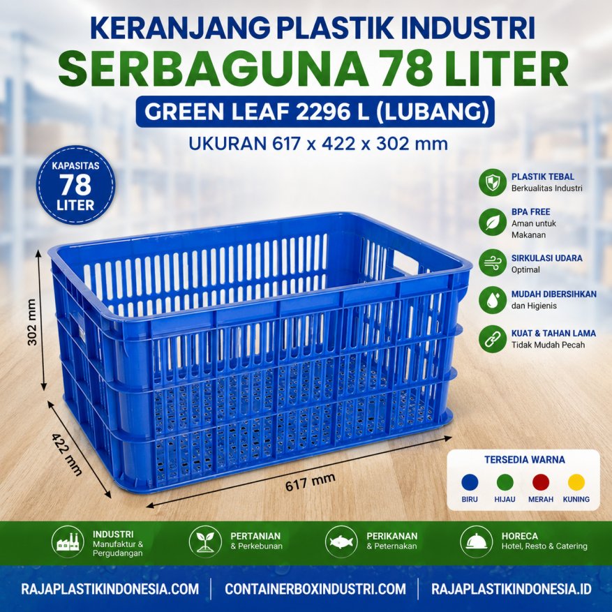 KERANJANG PLASTIK INDUSTRI SERBAGUNA 78 LITER GREEN LEAF 2296 L (LUBANG) UKURAN 617 x 422 x 302 mm: Solusi Penyimpanan Modern untuk Industri, Pergudangan, dan HORECA