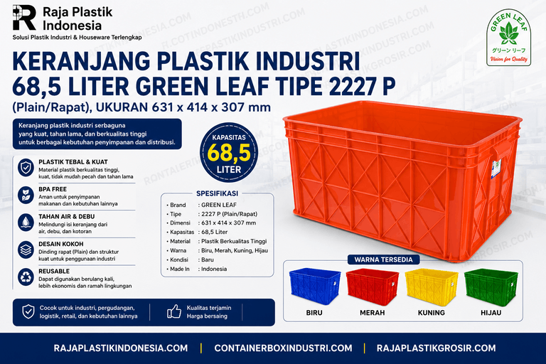 KERANJANG PLASTIK INDUSTRI 68,5 LITER GREEN LEAF TIPE 2227 P | UKURAN 631 x 414 x 307 mm | WARNA BIRU, MERAH, KUNING, HIJAU | RAJA PLASTIK INDONESIA