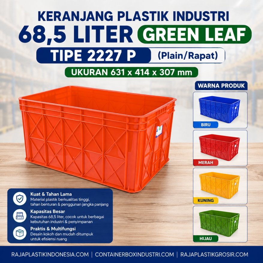 KERANJANG PLASTIK INDUSTRI 68,5 LITER GREEN LEAF TIPE 2227 P | UKURAN 631 x 414 x 307 mm | WARNA BIRU, MERAH, KUNING, HIJAU | RAJA PLASTIK INDONESIA