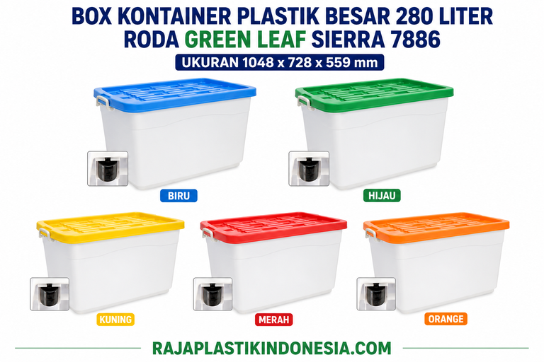 BOX KONTAINER PLASTIK BESAR 280 LITER RODA GREEN LEAF SIERRA 7886: Solusi Penyimpanan dan Distribusi Barang Skala Besar yang Praktis, Kuat, dan Mudah Dipindahkan