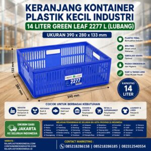 KERANJANG KONTAINER PLASTIK KECIL INDUSTRI 14 LITER GREEN LEAF 2277 L (LUBANG), UKURAN 390 × 280 × 133 mm: Solusi Penyimpanan Ringkas, Higienis, dan Tahan Lama untuk Berbagai Kebutuhan Industri