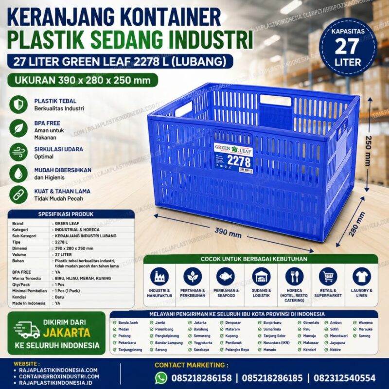 KERANJANG KONTAINER PLASTIK SEDANG INDUSTRI 27 LITER GREEN LEAF 2278 L (LUBANG), UKURAN 390 × 280 × 250 mm: Solusi Penyimpanan Serbaguna yang Kokoh, Higienis, dan Tahan Lama
