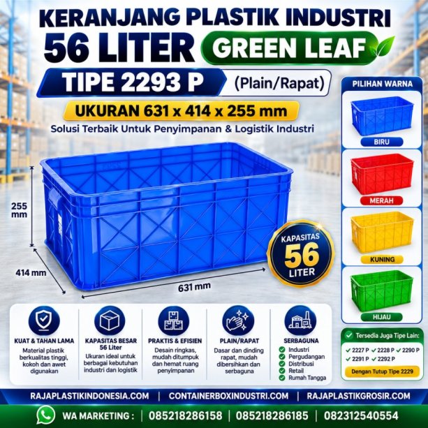 KERANJANG PLASTIK INDUSTRI 56 LITER GREEN LEAF TIPE 2293 P, UKURAN 631 x 414 x 255 mm – Plain Industrial Container Berkualitas untuk Penyimpanan, Distribusi, dan Logistik Profesional