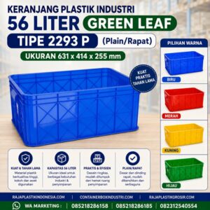 KERANJANG PLASTIK INDUSTRI 56 LITER GREEN LEAF TIPE 2293 P, UKURAN 631 x 414 x 255 mm – Plain Industrial Container Berkualitas untuk Penyimpanan, Distribusi, dan Logistik Profesional