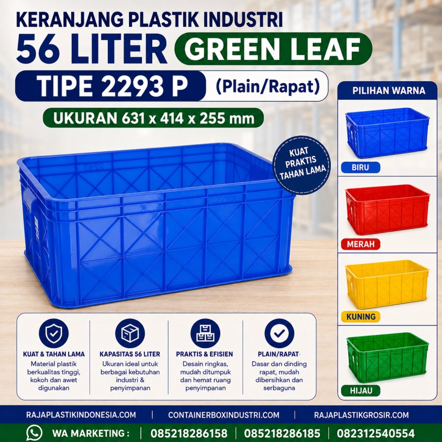 KERANJANG PLASTIK INDUSTRI 56 LITER GREEN LEAF TIPE 2293 P, UKURAN 631 x 414 x 255 mm – Plain Industrial Container Berkualitas untuk Penyimpanan, Distribusi, dan Logistik Profesional