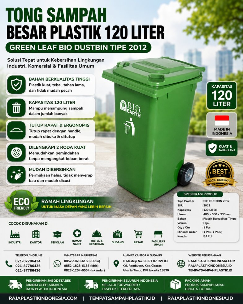 TONG SAMPAH BESAR PLASTIK 120 LITER GREEN LEAF BIO DUSTBIN TIPE 2012 – Solusi Tempat Sampah Outdoor Berkualitas untuk Industri, Perkantoran, dan Fasilitas Umum