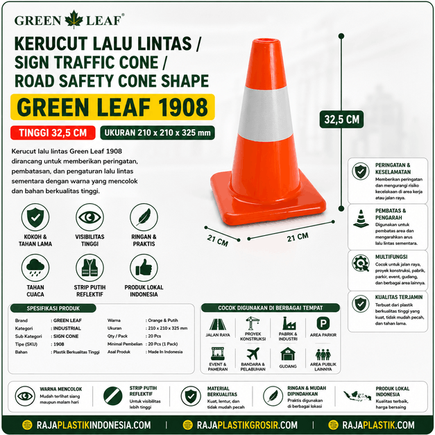 KERUCUT LALU LINTAS / SIGN TRAFFIC CONE / ROAD SAFETY CONE SHAPE GREEN LEAF 1908 TINGGI 32,5 CM | RAJA PLASTIK INDONESIA