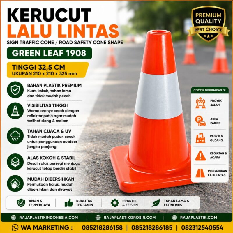 KERUCUT LALU LINTAS SIGN TRAFFIC CONE ROAD SAFETY CONE SHAPE GREEN LEAF 1908 KERUCUT LALU LINTAS / SIGN TRAFFIC CONE / ROAD SAFETY CONE SHAPE GREEN LEAF 1908 TINGGI 32,5 CM | RAJA PLASTIK INDONESIA