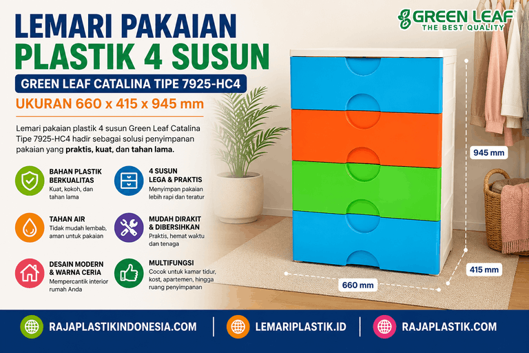 LEMARI PLASTIK 4 SUSUN JUMBO GREEN LEAF CATALINA TIPE 7925-HC4 : Solusi Praktis dan Fungsional untuk Kerapian Rumah Anda