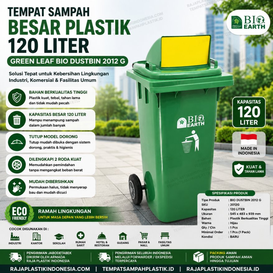 TEMPAT SAMPAH BESAR PLASTIK 120 LITER GREEN LEAF BIO DUSTBIN 2012 G – Solusi Tempat Sampah Industri, HORECA, dan Fasilitas Umum Berkualitas Tinggi