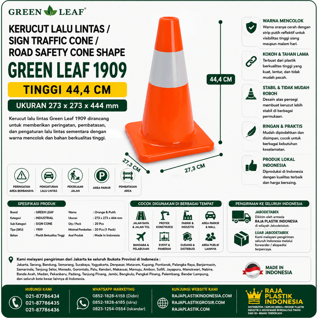 KERUCUT LALU LINTAS / SIGN TRAFFIC CONE / ROAD SAFETY CONE / CONSTRUCTION CONE / TRAFFIC PYLON MERK GREEN LEAF TIPE 1909 | RAJA PLASTIK INDONESIA