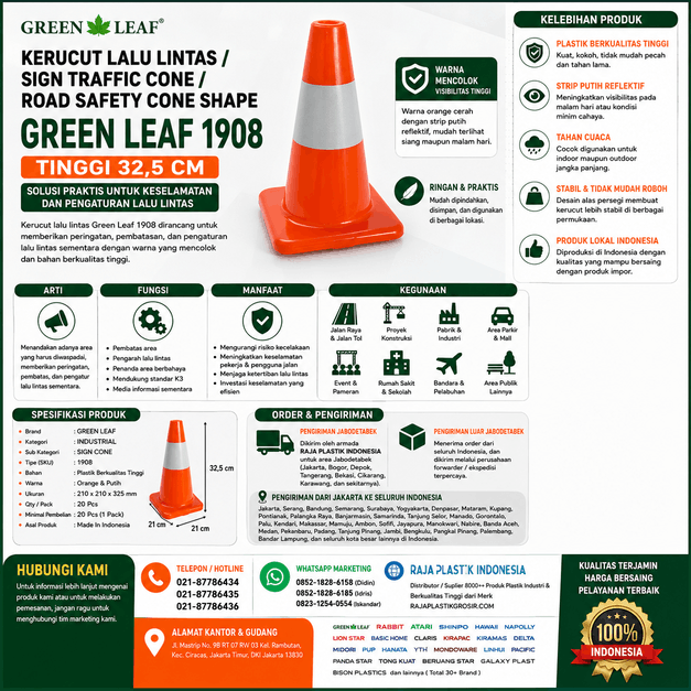 KERUCUT LALU LINTAS / SIGN TRAFFIC CONE / ROAD SAFETY CONE SHAPE GREEN LEAF 1908 TINGGI 32,5 CM | RAJA PLASTIK INDONESIA