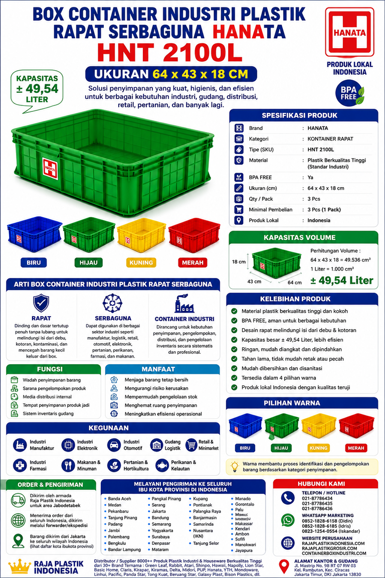 BOX CONTAINER INDUSTRI PLASTIK RAPAT SERBAGUNA HANATA HNT 2100L UKURAN 64x43x18 CM (INFOGRAFIS) | RAJA PLASTIK INDONESIA