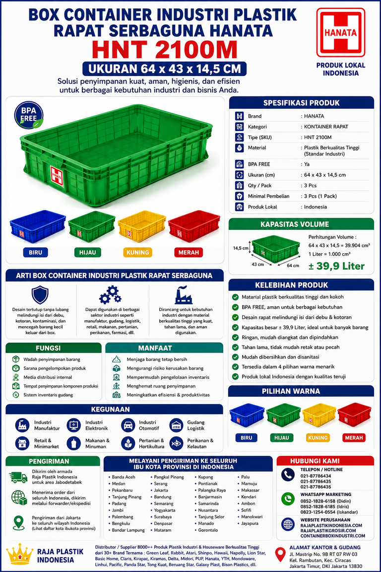 INFOGRAFIS BOX CONTAINER INDUSTRI PLASTIK RAPAT SERBAGUNA HANATA HNT 2100M UKURAN 64x43x14,5 CM