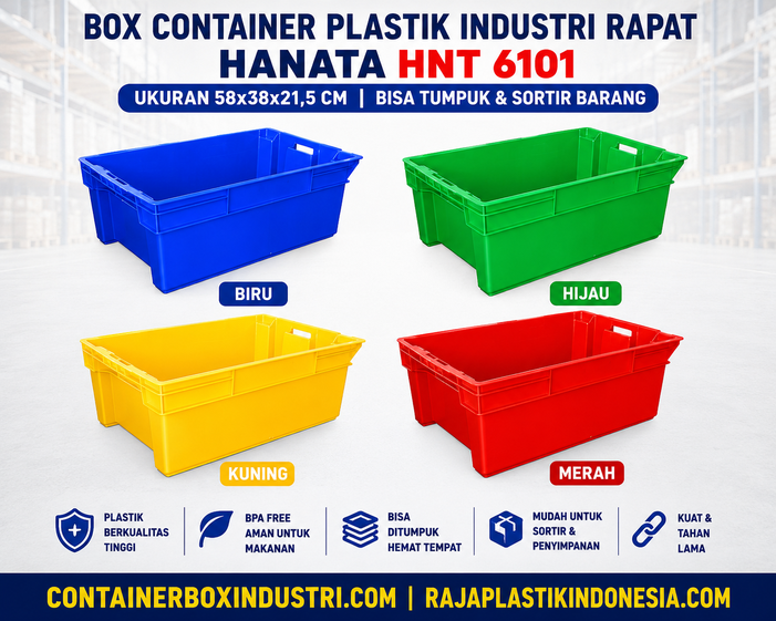 BOX CONTAINER PLASTIK INDUSTRI RAPAT HANATA HNT 6101 UKURAN 58x38x21,5 CM | RAJA PLASTIK INDONESIA
