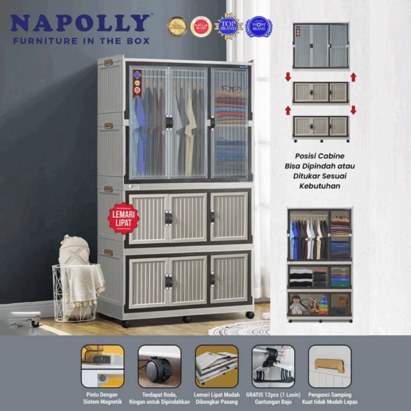 LEMARI PLASTIK MULTIFUNGSI / SERBAGUNA NAPOLLY LIPAT 3 TOWER 4 SUSUN FOLDING CABINE - 3211 GANTUNG PINTU TRANSPARAN JUMBO