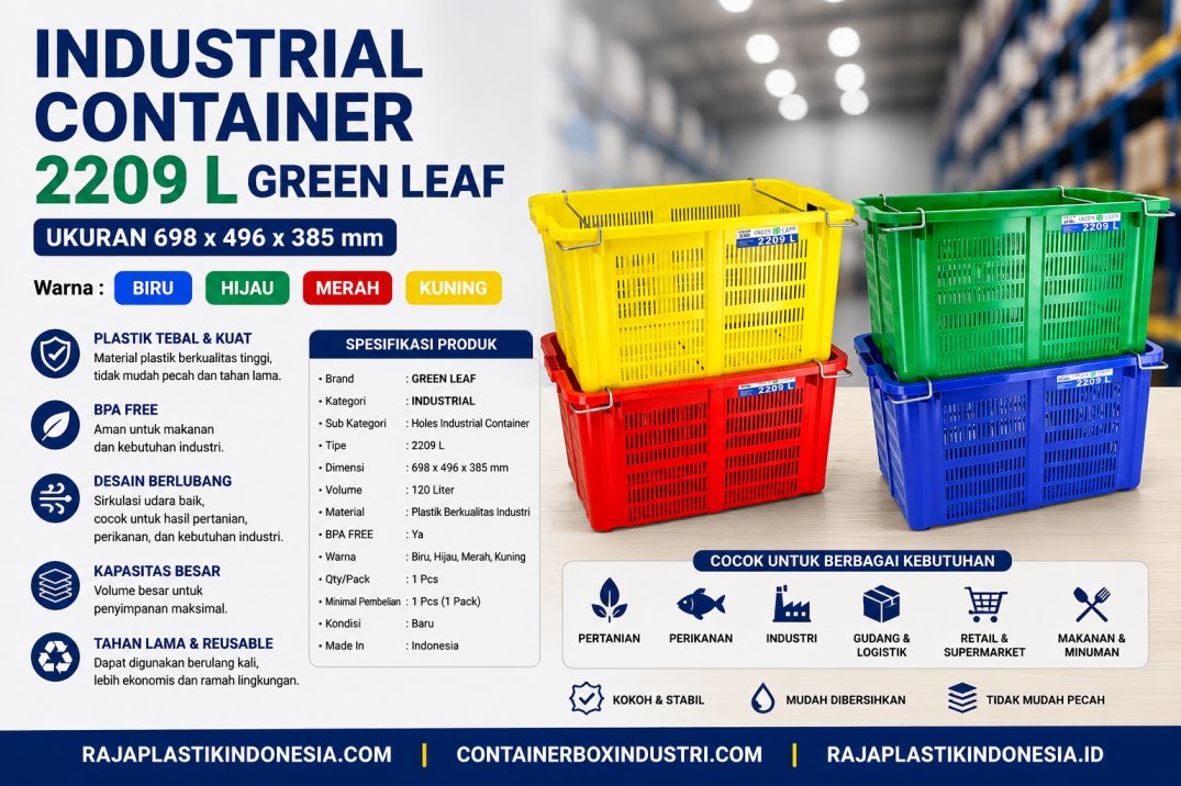INDUSTRIAL CONTAINER 2209L GREEN LEAF KERANJANG INDUSTRI UKURAN 69,8 x 47,9 x 37,5 CM | RAJA PLASTIK INDONESIA
