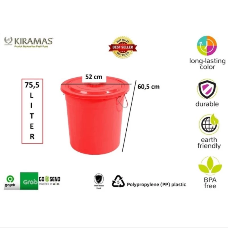EMBER PLASTIK BESAR 75 LITER TUTUP + HANDLE KIRAMAS 3080, UKURAN D. 52 cm x T. 60.5 cm | MINIMAL ORDER 6 PCS (1 PACK) | RAJA PLASTIK INDONESIA