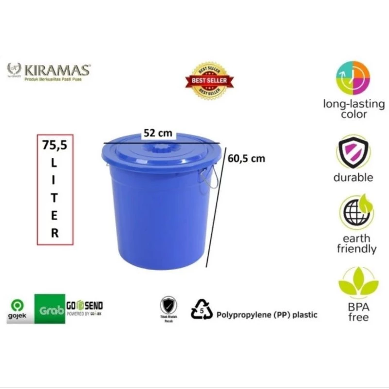 EMBER PLASTIK BESAR 75 LITER TUTUP + HANDLE KIRAMAS 3080, UKURAN D. 52 cm x T. 60.5 cm | MINIMAL ORDER 6 PCS (1 PACK) | RAJA PLASTIK INDONESIA