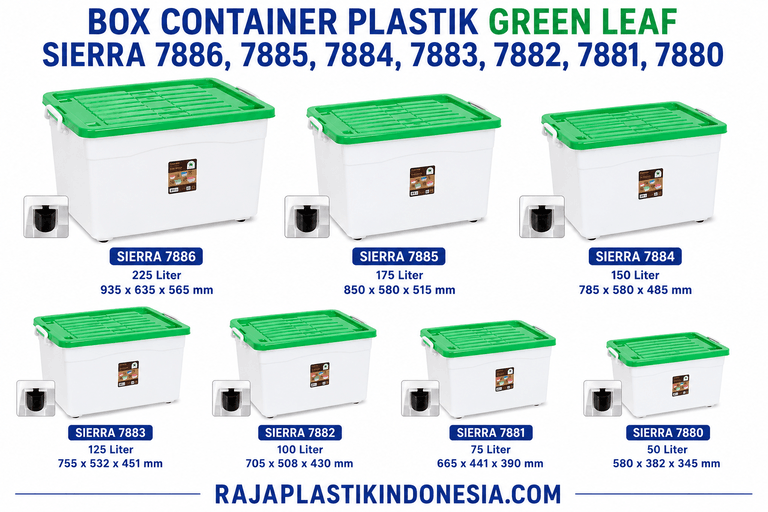 BOX CONTAINER PLASTIK 280, 210, 160, 125, 100, 75, 50 LITER GREEN LEAF SIERRA TIPE 7886, 7885, 7884, 7883, 7882, 7881, 7880
