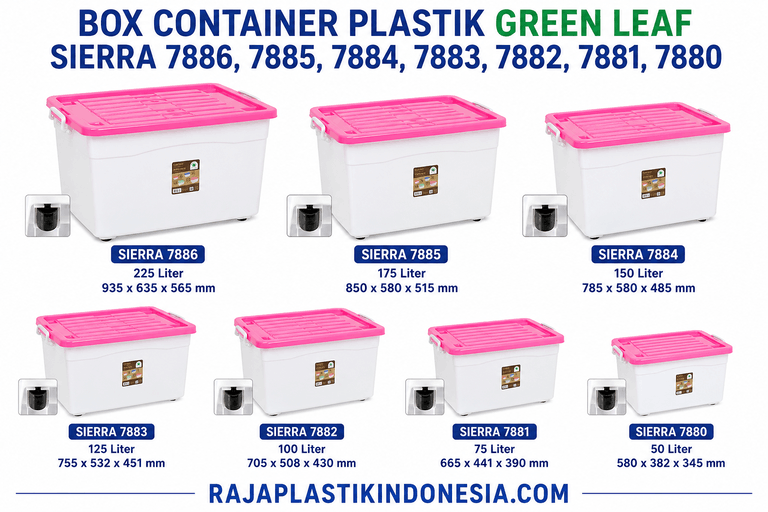 BOX CONTAINER PLASTIK 280, 210, 160, 125, 100, 75, 50 LITER GREEN LEAF SIERRA TIPE 7886, 7885, 7884, 7883, 7882, 7881, 7880
