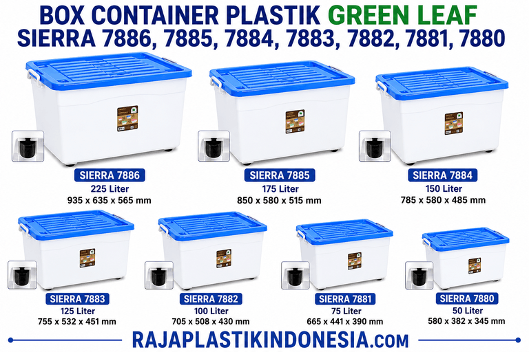 BOX CONTAINER PLASTIK 280, 210, 160, 125, 100, 75, 50 LITER GREEN LEAF SIERRA TIPE 7886, 7885, 7884, 7883, 7882, 7881, 7880