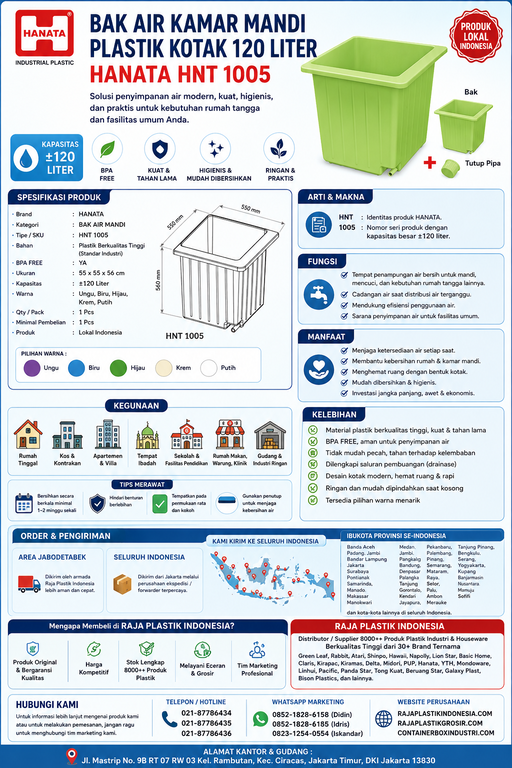 BAK AIR KAMAR MANDI PLASTIK KOTAK 120 LITER HANATA HNT 1005 (INFOGRAFIS)