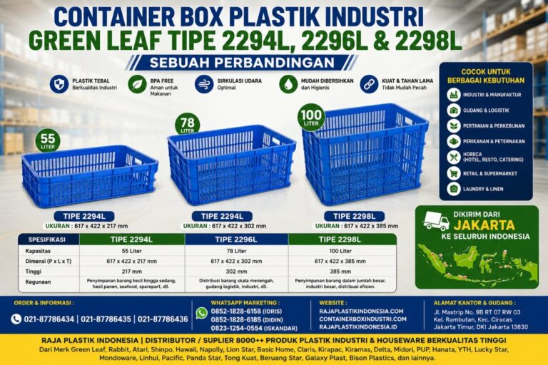 CONTAINER BOX PLASTIK INDUSTRI GREEN LEAF TIPE 2294L, 2296L & 2298L untuk Solusi Penyimpanan dan Distribusi Barang yang Lebih Efisien