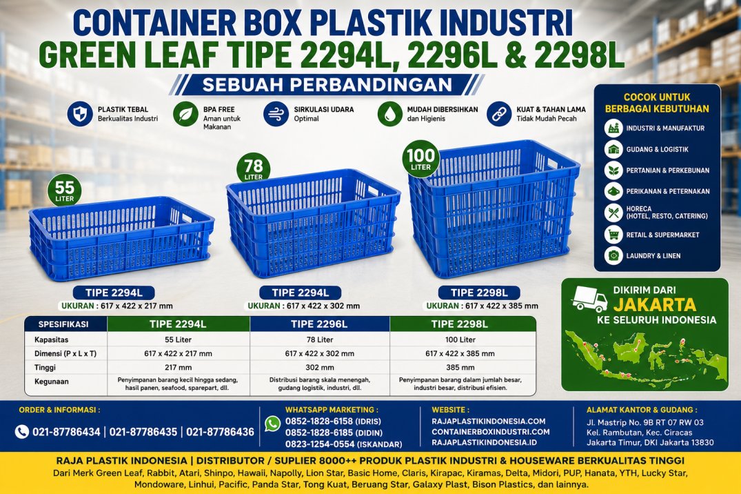 CONTAINER BOX PLASTIK INDUSTRI GREEN LEAF TIPE 2294L, 2296L & 2298L untuk Solusi Penyimpanan dan Distribusi Barang yang Lebih Efisien