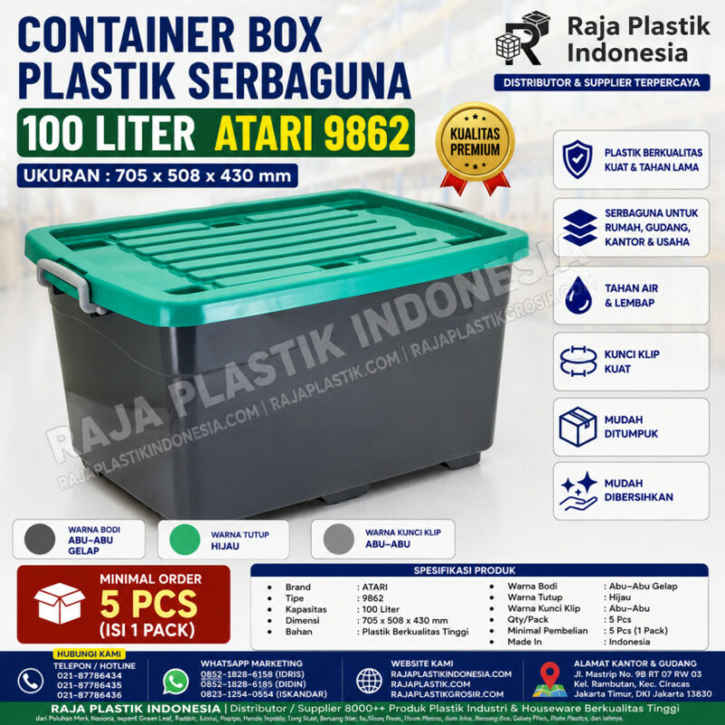 CONTAINER BOX PLASTIK SERBAGUNA 100 LITER ATARI 9862 (2) CONTAINER BOX PLASTIK BESAR SERBAGUNA 100 LITER ATARI 9862 UKURAN 705 x 508 x 430 mm: Solusi Penyimpanan Premium Berkapasitas Besar untuk Rumah, Gudang, Kantor, dan Berbagai Kebutuhan Usaha