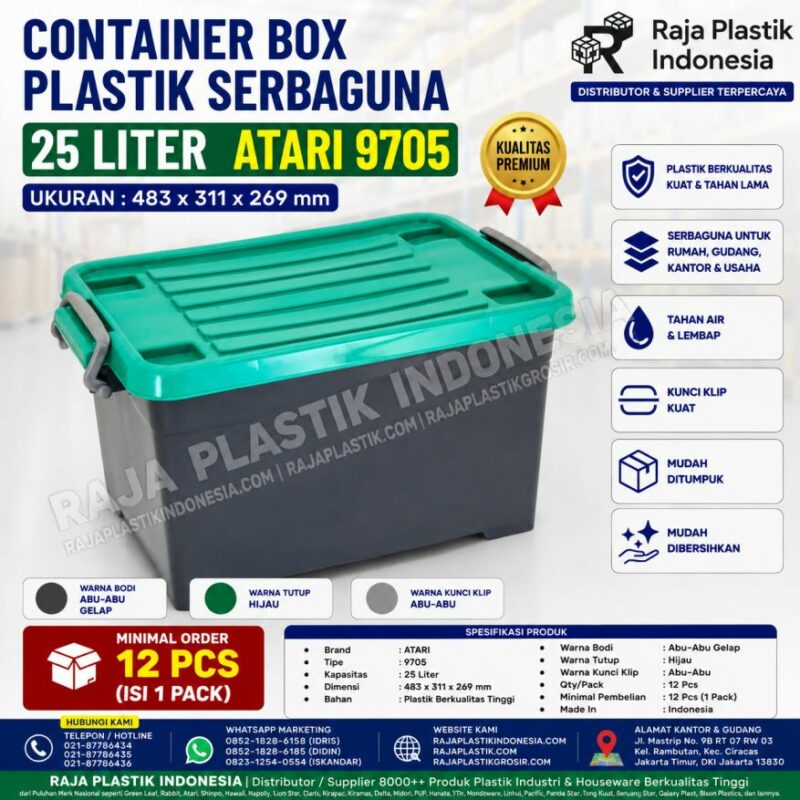 CONTAINER BOX PLASTIK SERBAGUNA 25 LITER ATARI 9705 (1) CONTAINER BOX PLASTIK SERBAGUNA 25 LITER ATARI 9705, UKURAN 483 x 311 x 269 mm: Solusi Penyimpanan Praktis, Kokoh, dan Modern untuk Rumah, Kantor, Toko, dan Gudang