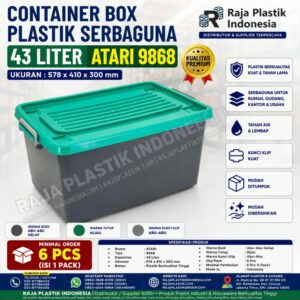 CONTAINER BOX PLASTIK SERBAGUNA 43 LITER ATARI 9868 CONTAINER BOX PLASTIK SERBAGUNA 43 LITER ATARI 9868, UKURAN 578 x 410 x 300 mm: Solusi Penyimpanan Praktis, Kokoh, dan Modern untuk Rumah, Kantor, Gudang, dan Berbagai Kebutuhan Usaha