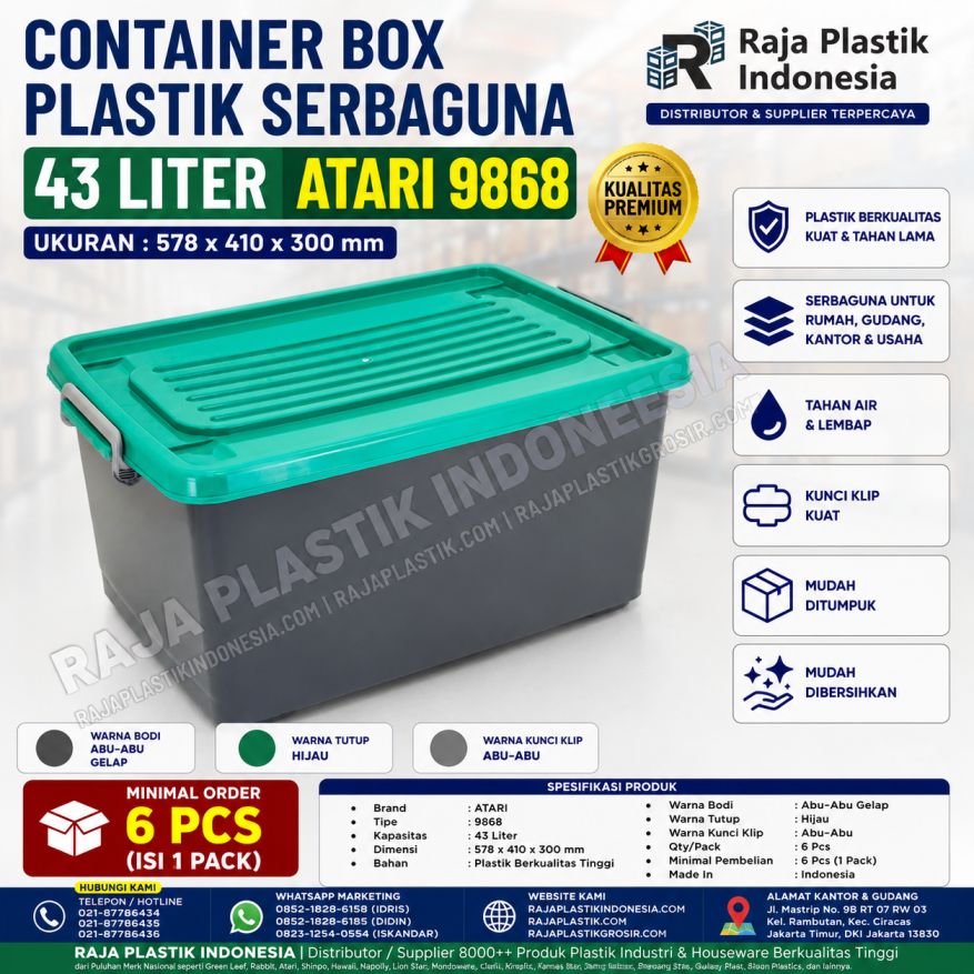 CONTAINER BOX PLASTIK SERBAGUNA 43 LITER ATARI 9868, UKURAN 578 x 410 x 300 mm: Solusi Penyimpanan Praktis, Kokoh, dan Modern untuk Rumah, Kantor, Gudang, dan Berbagai Kebutuhan Usaha