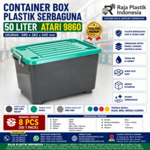 CONTAINER BOX PLASTIK SERBAGUNA 50 LITER ATARI 9860(1) CONTAINER BOX PLASTIK SERBAGUNA 50 LITER ATARI 9860, UKURAN 580 x 382 x 345 mm: Solusi Penyimpanan Modern yang Kuat, Praktis, dan Tahan Lama