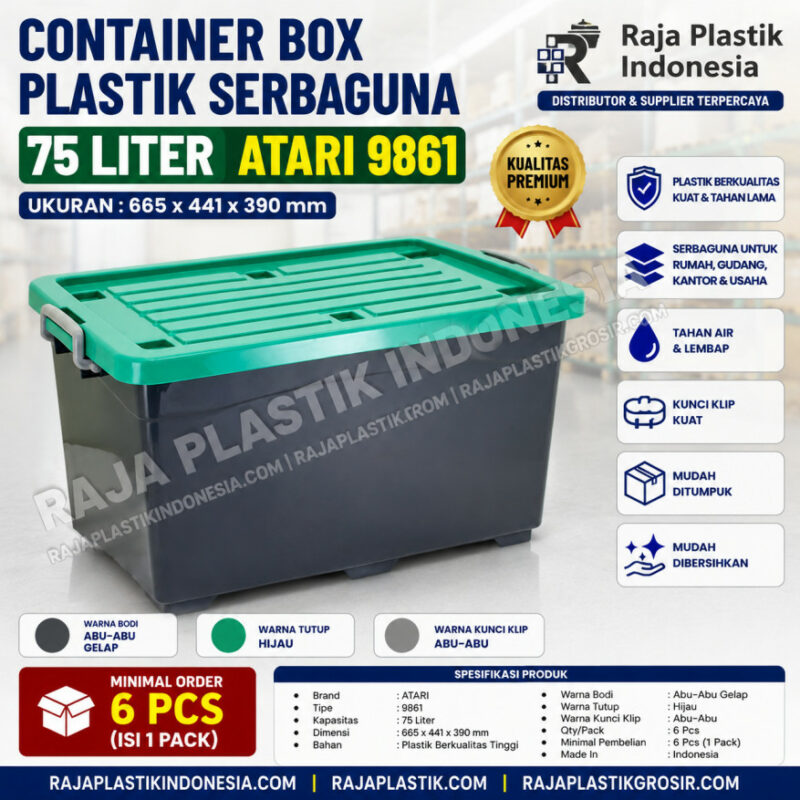 CONTAINER BOX PLASTIK SERBAGUNA 75 LITER ATARI 9861 (2) CONTAINER BOX PLASTIK SERBAGUNA 75 LITER ATARI 9861, UKURAN 665 × 441 × 390 mm: Solusi Penyimpanan Modern Berkapasitas Besar untuk Rumah, Kantor, Gudang, dan Bisnis