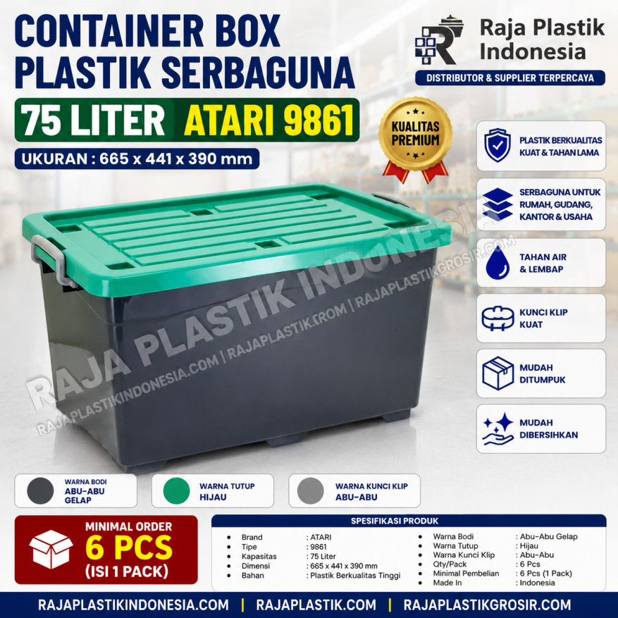 CONTAINER BOX PLASTIK SERBAGUNA 75 LITER ATARI 9861, UKURAN 665 × 441 × 390 mm: Solusi Penyimpanan Modern Berkapasitas Besar untuk Rumah, Kantor, Gudang, dan Bisnis