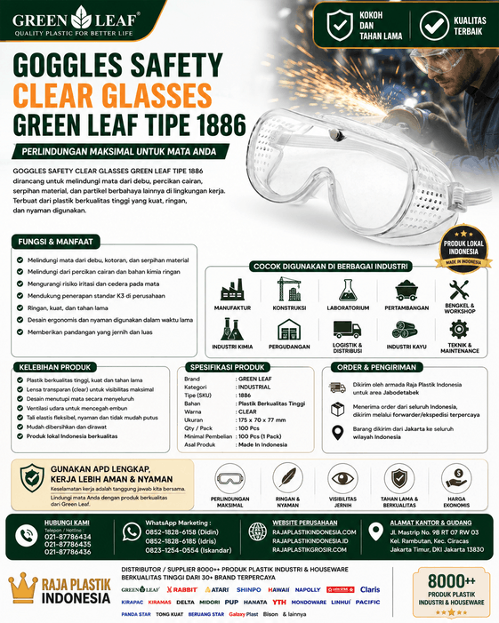 Jual GOGGLES SAFETY CLEAR GLASSES GREEN LEAF TIPE 1886 Berkualitas di Indonesia