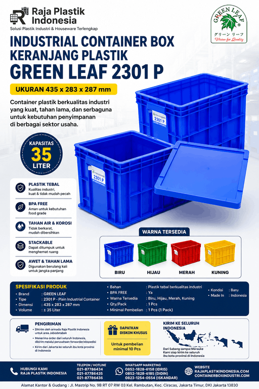 INDUSTRIAL CONTAINER BOX KERANJANG PLASTIK GREEN LEAF 2301 P UKURAN 435 x 283 x 287 mm