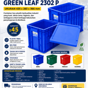 INDUSTRIAL CONTAINER BOX KERANJANG PLASTIK GREEN LEAF 2302 P (3) INDUSTRIAL CONTAINER BOX KERANJANG PLASTIK GREEN LEAF 2302 P UKURAN 435 x 283 x 366 mm | RAJA PLASTIK INDONESIA