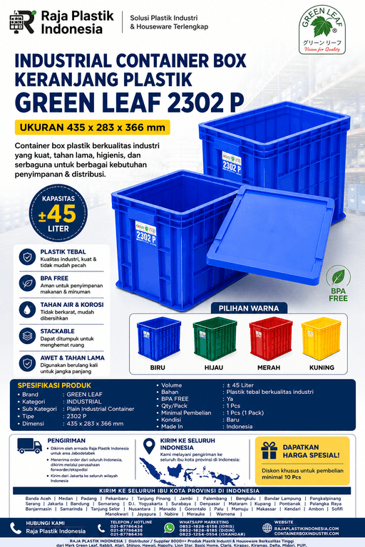 INDUSTRIAL CONTAINER BOX KERANJANG PLASTIK GREEN LEAF 2302 P UKURAN 435 x 283 x 366 mm | RAJA PLASTIK INDONESIA