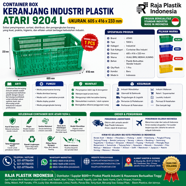 CONTAINER BOX KERANJANG INDUSTRI PLASTIK ATARI 9204 L UKURAN 605 x 416 x 233 mm: Solusi Penyimpanan dan Distribusi Barang Industri yang Kokoh, Higienis, dan Berkualitas