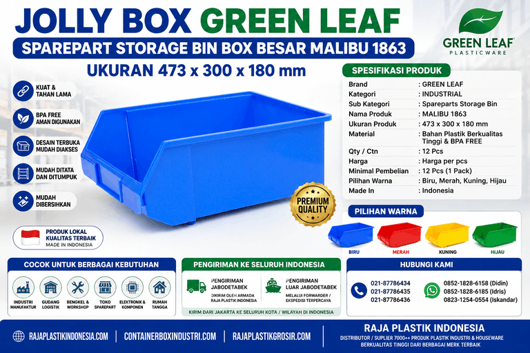 JOLLY BOX GREEN LEAF SPAREPART STORAGE BIN BOX BESAR MALIBU 1863 UKURAN 473 x 300 x 180 mm | RAJA PLASTIK INDONESIA