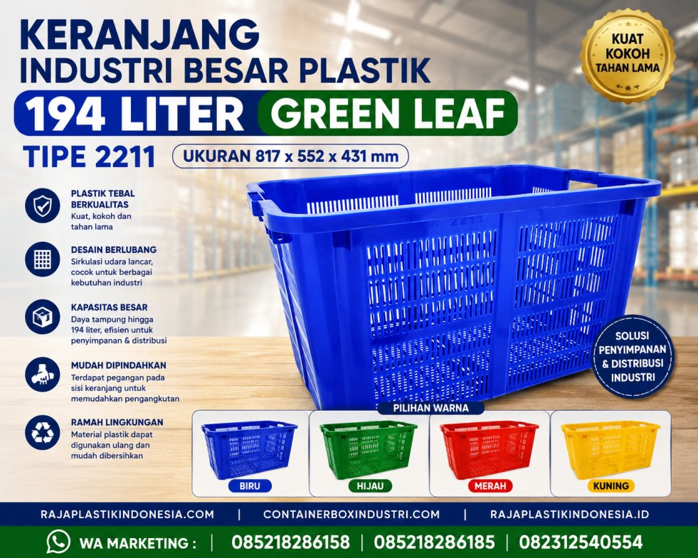 KERANJANG INDUSTRI BESAR PLASTIK 194 LITER GREEN LEAF TIPE 2211, UKURAN 817 x 552 x 431 mm | RAJA PLASTIK INDONESIA
