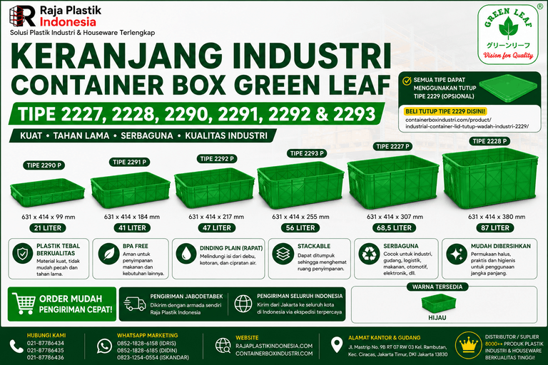 KERANJANG INDUSTRI CONTAINER BOX GREEN LEAF TIPE 2227, 2228, 2290, 2291, 2292 & 2293: Solusi Keranjang Plastik Industri Berkualitas untuk Penyimpanan, Distribusi, dan Logistik Modern