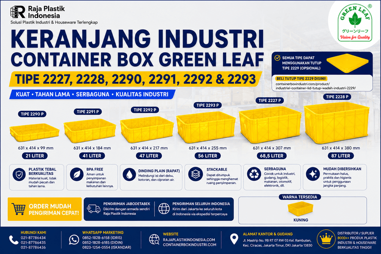 KERANJANG INDUSTRI CONTAINER BOX GREEN LEAF TIPE 2227, 2228, 2290, 2291, 2292 & 2293: Solusi Keranjang Plastik Industri Berkualitas untuk Penyimpanan, Distribusi, dan Logistik Modern