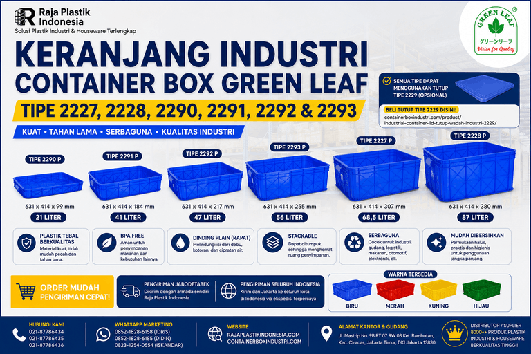 KERANJANG INDUSTRI CONTAINER BOX GREEN LEAF TIPE 2227, 2228, 2290, 2291, 2292 & 2293: Solusi Keranjang Plastik Industri Berkualitas untuk Penyimpanan, Distribusi, dan Logistik Modern