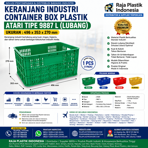 KERANJANG INDUSTRI CONTAINER BOX PLASTIK ATARI TIPE 9887 L (LUBANG), UKURAN 496 x 353 x 270 mm: Solusi Penyimpanan Profesional untuk Berbagai Kebutuhan Industri