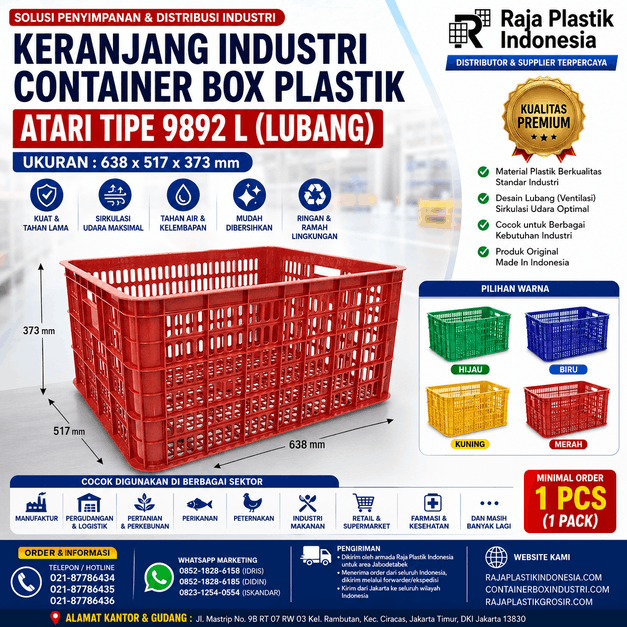 KERANJANG INDUSTRI CONTAINER BOX PLASTIK ATARI TIPE 9892 L (LUBANG), UKURAN 638 x 517 x 373 mm: Solusi Penyimpanan Profesional untuk Berbagai Kebutuhan Industri