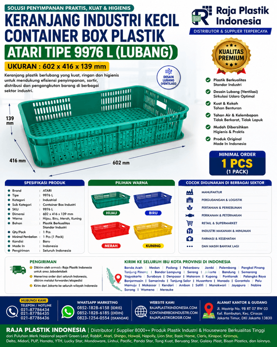 KERANJANG INDUSTRI KECIL CONTAINER BOX PLASTIK ATARI TIPE 9976 L (LUBANG), UKURAN 602 x 416 x 139 mm: Solusi Penyimpanan Praktis, Higienis, dan Efisien untuk Berbagai Kebutuhan Industri